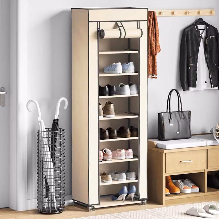 Scarpiera moderna vidaXL con anta a rullo in metallo e ripiani beige L: 57 cm, P: 29 cm, H: 162 cm
