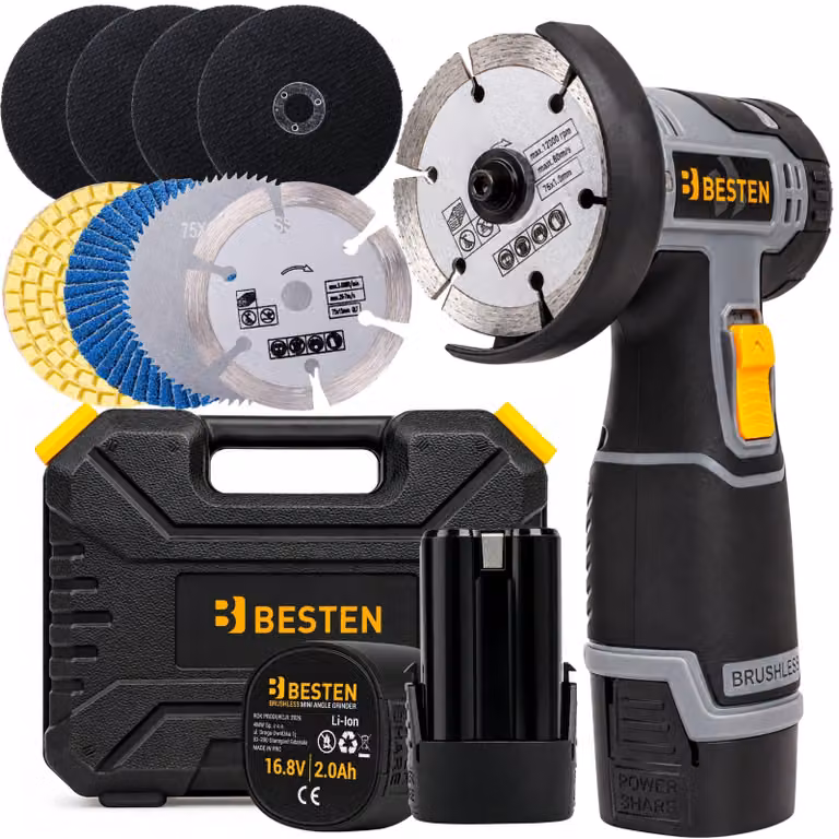 Smerigliatrice angolare portatile a batteria, diametro 76 mm, motore brushless, 2 batterie da 16,8 V, marca BESTEN