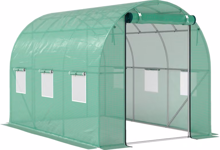 Serra di circa 3 x 2 x 2 m, serra in plastica con 6 finestre, porta a rullo, tunnel in plastica resistente ai raggi UV, serra per pomodori resistente all'inverno con ancoraggi a terra, colore verde,