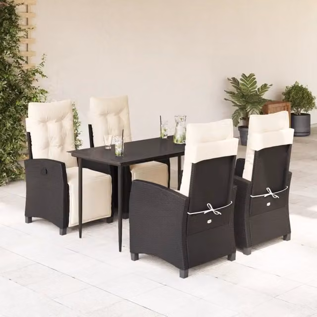 Set da Pranzo da Giardino 5 pz Nero con Cuscini in Polyrattan