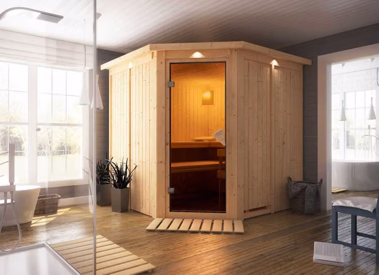 Sauna Karibu Jarin (ingresso ad angolo), porta interamente in vetro, finitura bronzo, stufa da 9 kW con comando esterno easy