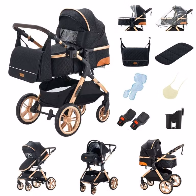 Passeggino combinato 3-in-1 - Modello V9 - Versione alta X1 - Pieghevole - Compatibile con seggiolino auto - Portata massima 20 kg - Da 0 a 3 anni - Colore: nero