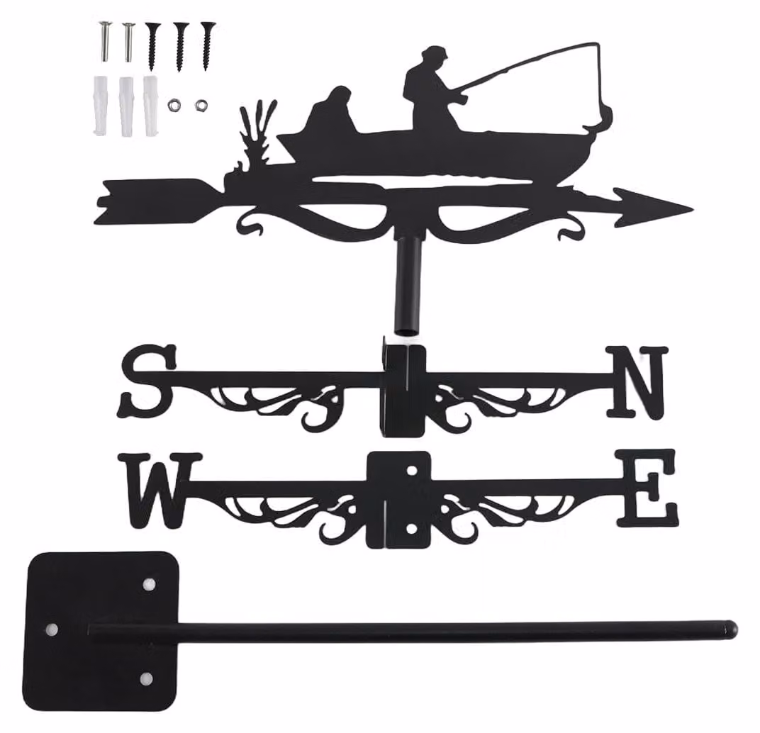 Bandiera decorativa in metallo, nera, con la silhouette di un pescatore, dimensioni 50x35 cm