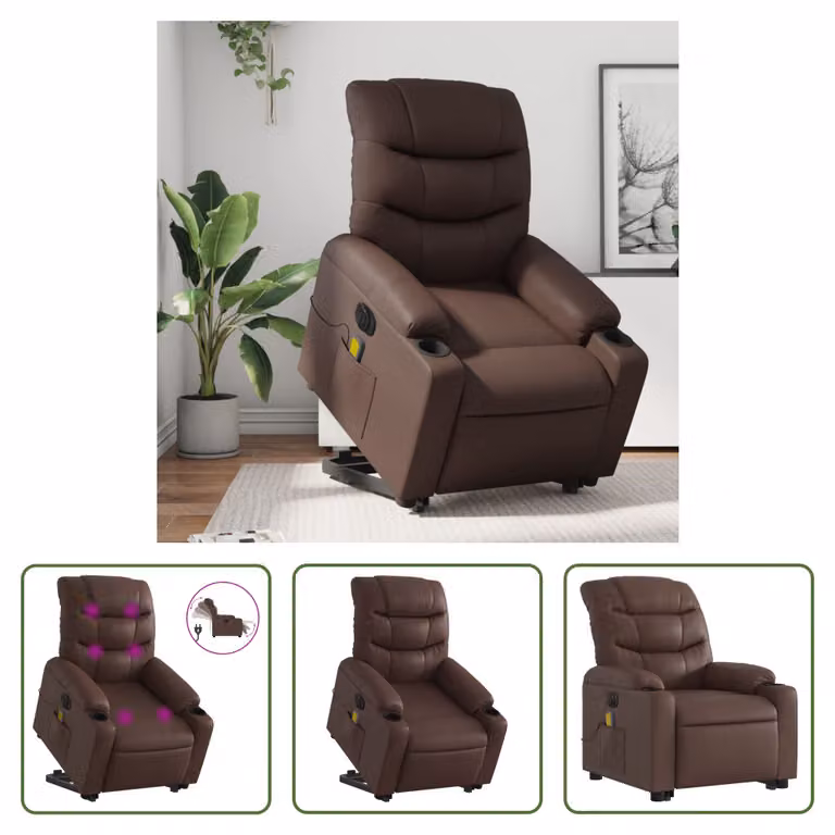 The Living Store Sedia massaggiante con supporto in piedi elettrica in ecopelle marrone