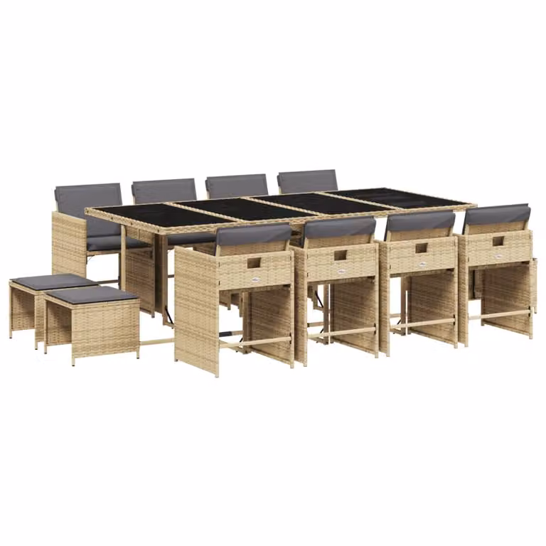 Set Pranzo da Giardino 13 pz con Cuscini Beige Misto Polyrattan