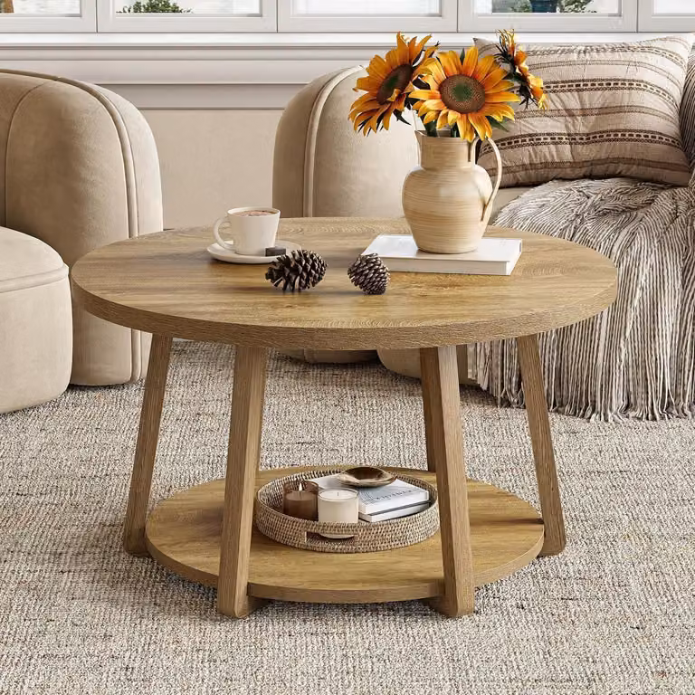 Tavolino rotondo in legno di quercia, diametro 80 cm, con vano contenitore e gambe in legno