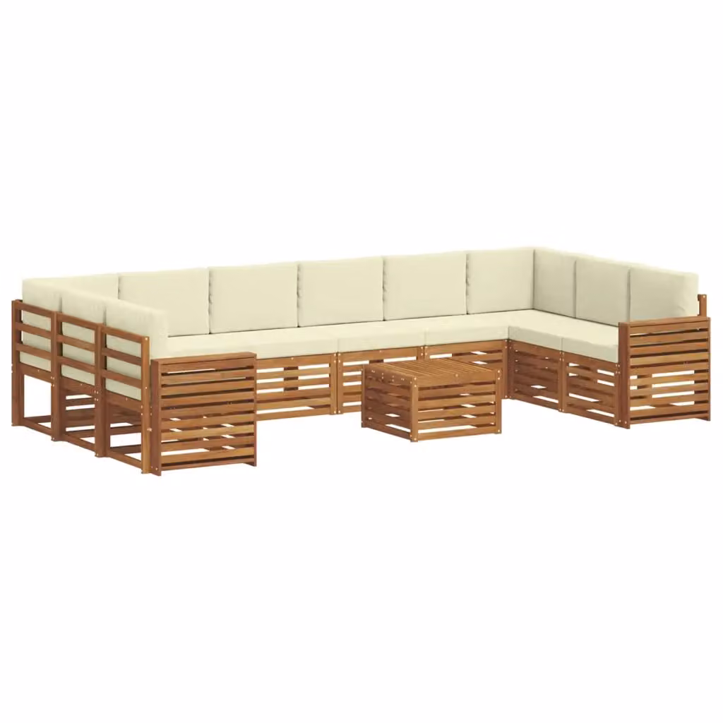 Set di divani da esterno a L vidaXL in legno di acacia con cuscini beige e bianchi, composto da 11 pezzi con tavolino da caffè incluso – 2