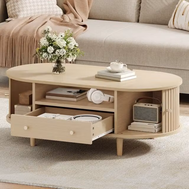 Tavolino basso fisso ovale con cassetto; vani aperti e anta avvolgibile in MDF rovere 100 × 50 × 36 cm