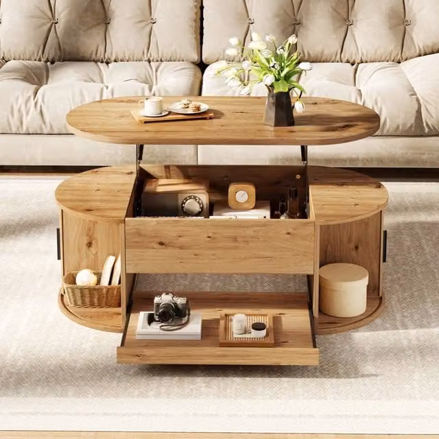 Tavolino da salotto elevabile con vani nascosti, 2 ante scorrevoli e piano estraibile in MDF, 110 × 55 × 55 cm