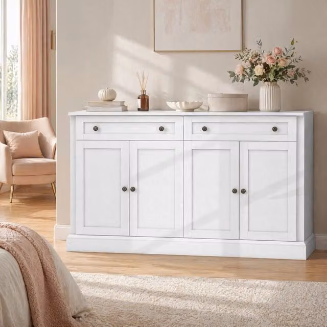 Sideboard con 4 ante e 2 cassetti in bianco con piano effetto legno L: 150 cm, P: 40 cm, H: 86 cm