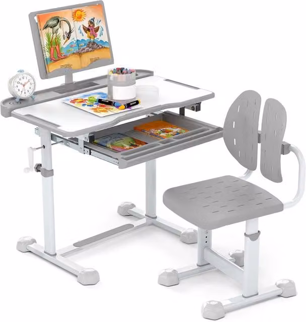 Set di Scrivania e Sedia per Bambini Costway, Grigio e Bianco, con Piano Inclinabile e Altezza Regolabile per Scuola e Cameretta