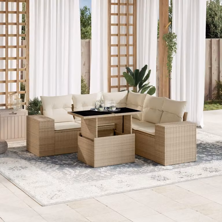 Set Divano da Giardino vidaXL 6 pz a Forma a L in Polyrattan Beige con Cuscini e Tavolino da Esterno