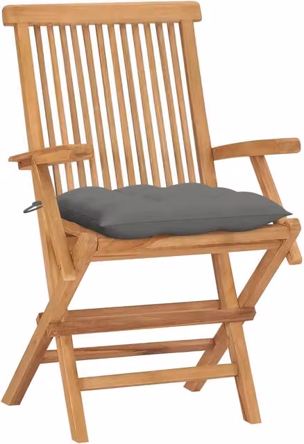 Set di 4 sedie da giardino in legno di teak con cuscini grigi e braccioli