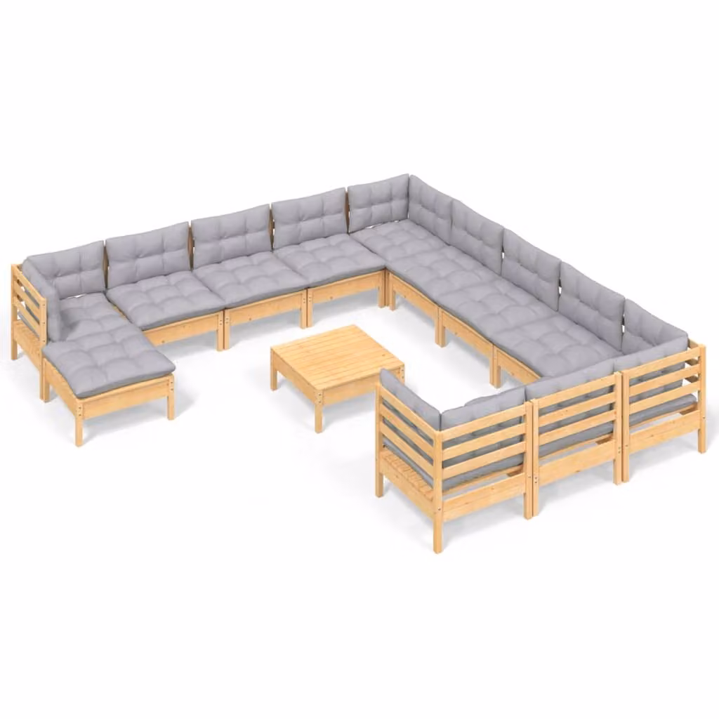 Set Divani da Giardino 13 pz con Cuscini Grigi Massello di Pino