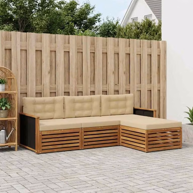 Set di divani da esterno vidaXL 4 pezzi a forma di L in legno di acacia con pouf e cuscini, colore marrone e beige