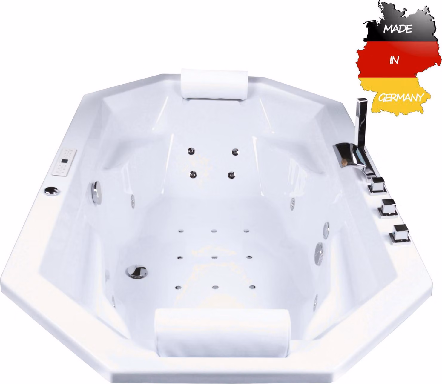 Vasca idromassaggio a piedistallo per interni Basera CLASSIC Bora Bora 200 x 115 cm con 24 getti massaggianti, cascata, ambiente a LED, touch panel, Bluetooth e radio