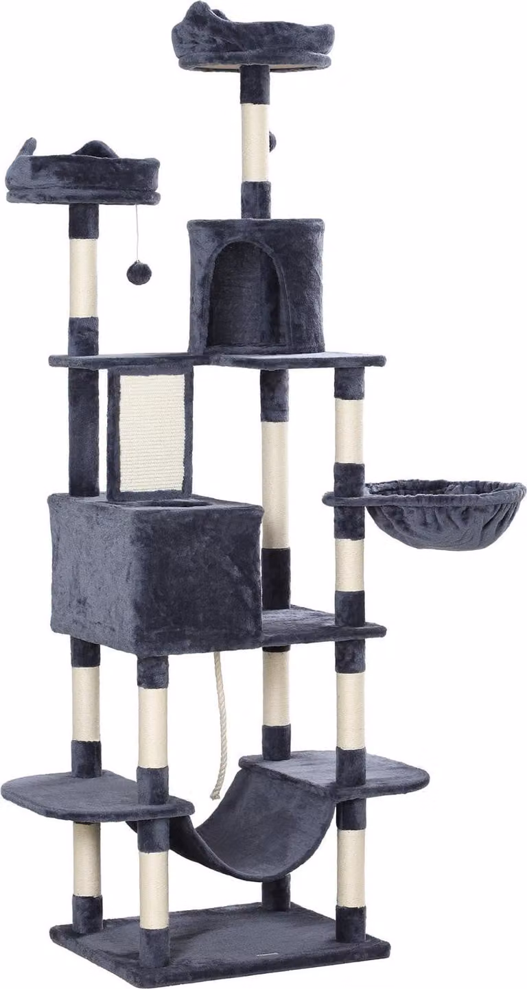 Tiragraffi 206 cm, torre per gatti con grotta, 2 palline da gioco, pali in sisal, piattaforma per gatti di grandi dimensioni, grigio scuro