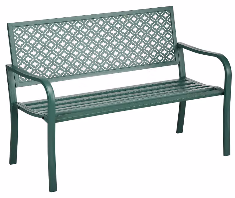 Panca da giardino Moonbite, modello a due posti, realizzata in acciaio con rivestimento in polvere, schienale con motivo floreale geometrico, schienale e braccioli, portata massima fino a 240 kg, colore verde scuro