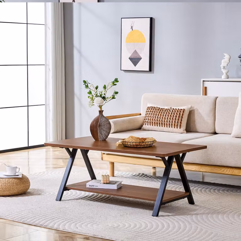 Tavolino MODFU con ripiano contenitore, tavolino da soggiorno con piano di 2 cm, tavolino ausiliario con 2 ripiani, dimensioni 110x57x44,5 cm, noce