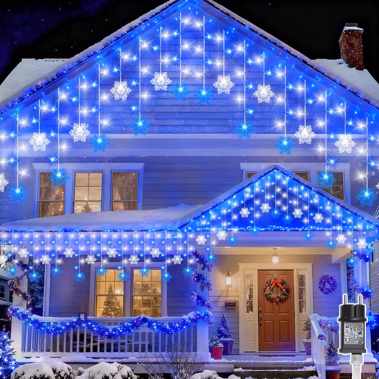 Catena luminosa da 10 metri, con 240 LED, a forma di fiocchi di neve e stalattiti, con timer, colore blu