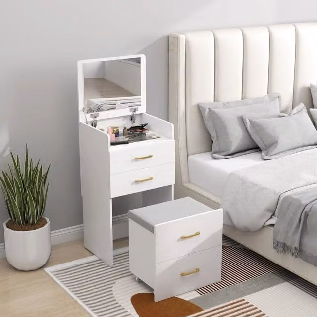 Toeletta 3 in 1 con specchio richiudibile sgabello con ruote e due cassetti in legno bianco 48 × 40 × 90 cm