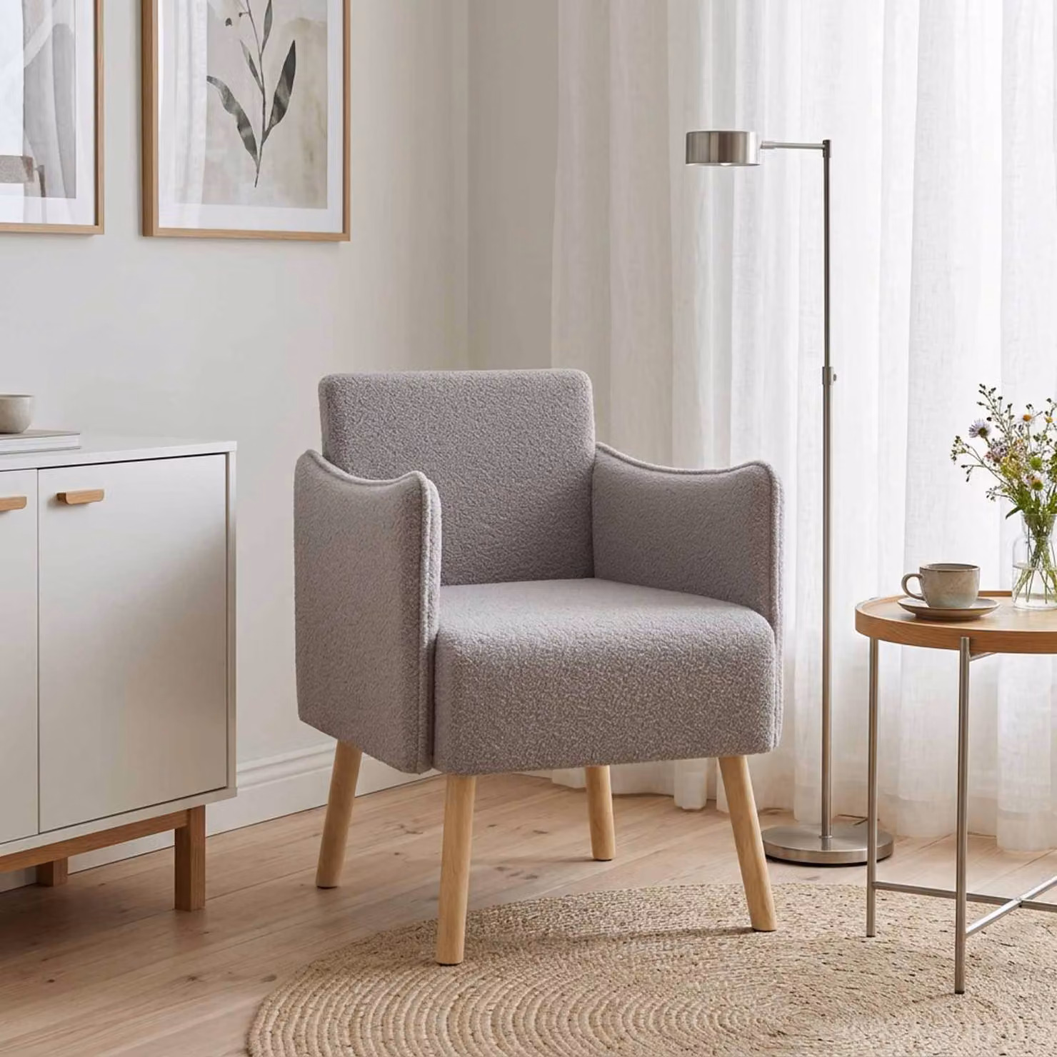 Sedia d'accento moderna vidaXL in tessuto bouclé grigio con braccioli