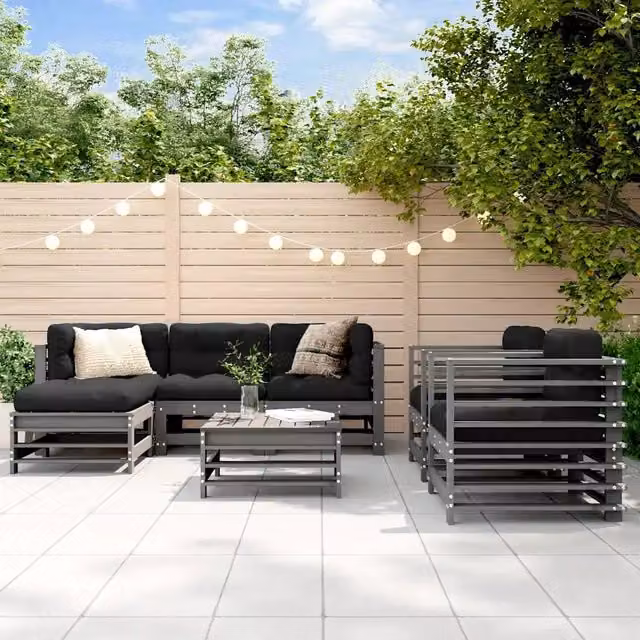 Set da giardino vidaXL in legno massello di pino con 7 pezzi e cuscini inclusi, colore grigio e nero – 1