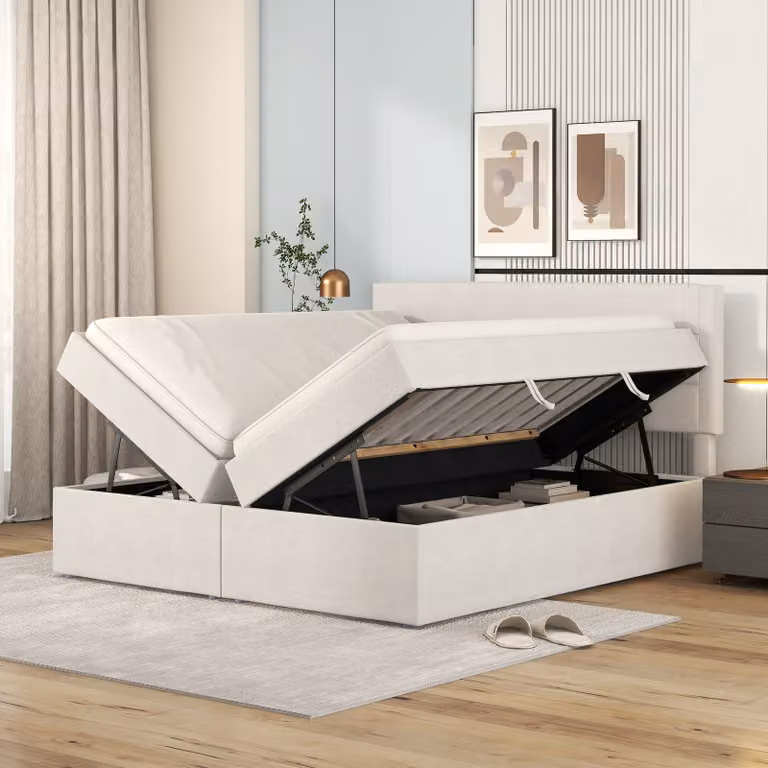 Letto a molle Merax 140x200cm con cassetti senza base, letto imbottito con struttura in metallo a doghe e ampio spazio di archiviazione, letto matrimoniale, letto funzionale, beige