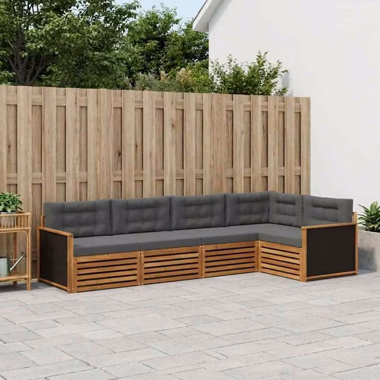 vidaXL Set di divani da esterno a L composto da 5 pezzi in legno di acacia con cuscini in poliestere beige e antracite