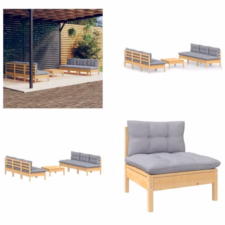 vidaXL set da salotto da giardino 7 pezzi con cuscini grigi in legno di pino - set da salotto da giardino - set da salotto da giardino - set da salotto