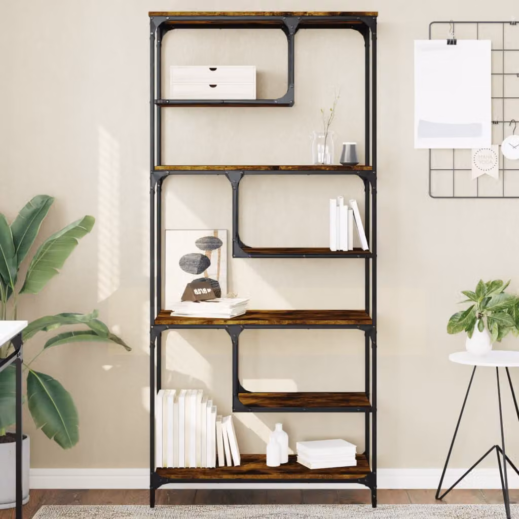 Libreria vidaXL in stile industriale con design geometrico, realizzata in legno rovere e metallo, colore marrone opaco, L 81 cm x P 36 cm x H 176 cm