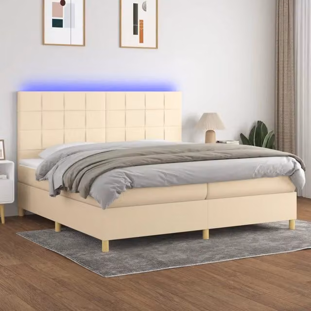 Letto a molle con materasso vidaXL in tessuto bianco e beige con illuminazione LED e porta USB L/P/H: 200 x 200 x 31 cm – 1