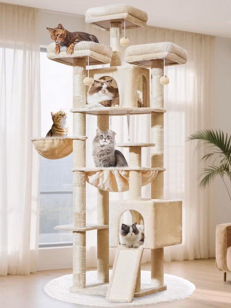 Albero per gatti Kratzbaum XXL, altezza 193 cm, 7 pali per graffiare, 3 piattaforme, 2 tane, amaca, adatto a gatti di grossa taglia