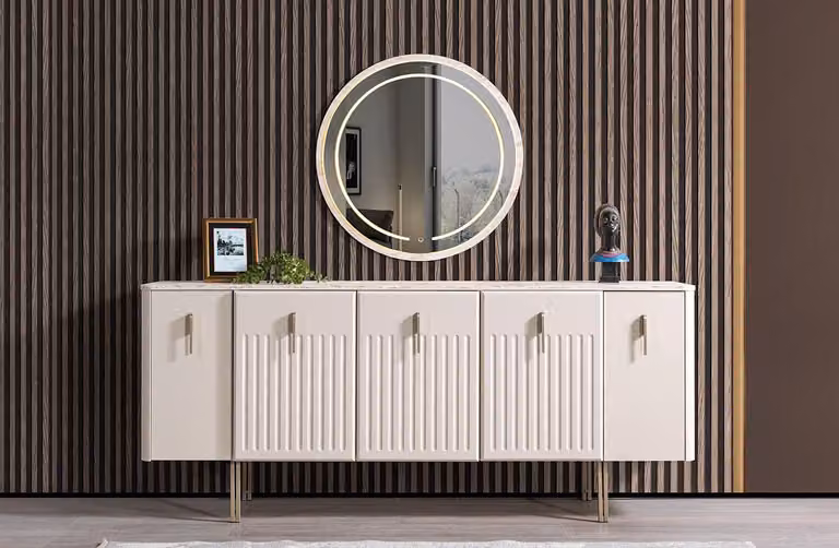 Comò in stile moderno, colore bianco, nuovo, pratico, confortevole, sala da pranzo