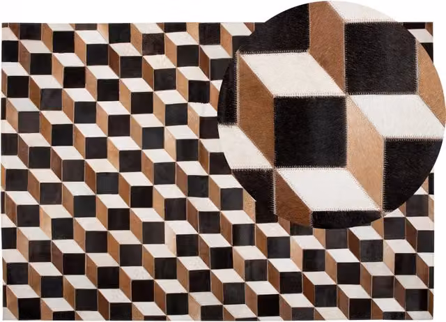 Tappeto in pelle patchwork BELIANI multicolore marrone e nero, design rustico con motivo 3D, fatto a mano, L: 200 cm, P: 140 cm