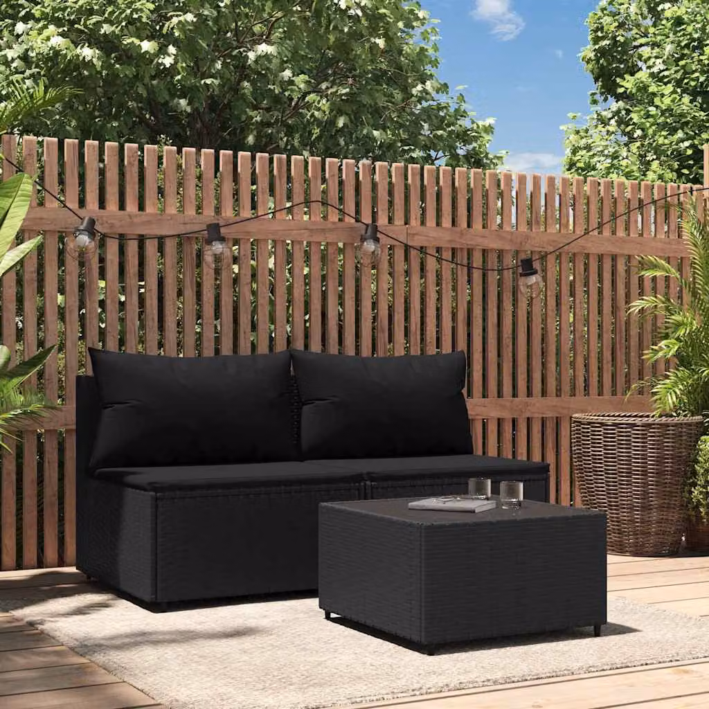 Set da giardino moderno vidaXL composto da divano a 2 posti e tavolino da caffè con cuscini in nero e struttura in metallo e rattan