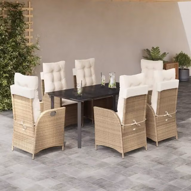 Set da Pranzo da Giardino 7 pz con Cuscini Beige in Polyrattan 3213249
