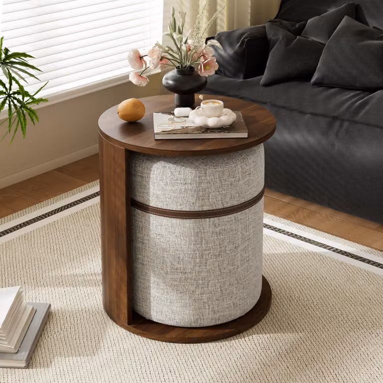 Tavolino da divano Merax con poggiapiedi integrato, set di tavolini rotondi, tavolino da divano con poggiapiedi integrato, comodino con spazio contenitivo, in MDF, effetto legno, noce