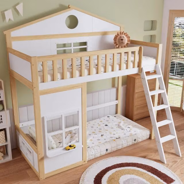 Letto a castello per bambini 200 × 90 cm con scala, barriere e tetto, senza materasso, pino e MDF bianco naturale