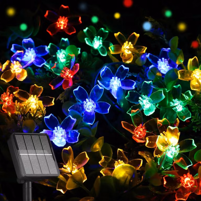 Catena luminosa solare, 12 metri, 100 LED a forma di fiore di ciliegio, impermeabile, 8 modalità
