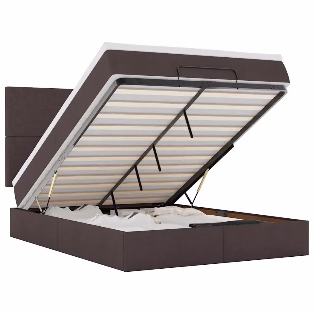 Letto con contenitore a sollevamento e materasso vidaXL in tessuto marrone e bianco, L/P/H: 200 x 140 x 128 cm – 2