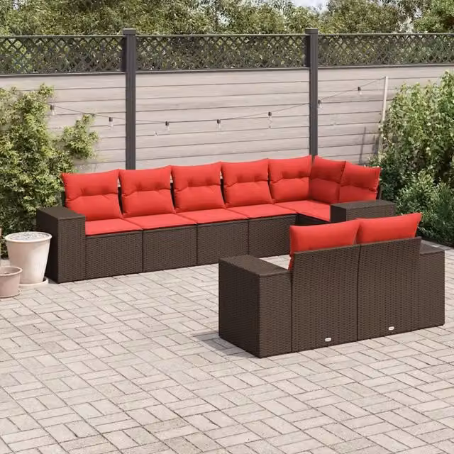 Set di divani da giardino vidaXL a forma di U composto da 8 pezzi con cuscini marroni e rossi in rattan e metallo con coperture rimovibili