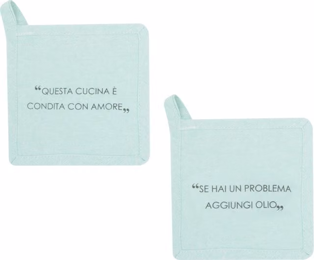 Set di 2 presine Kasanova in cotone verde con scritta Quotes, L/P: 17 x 17 cm