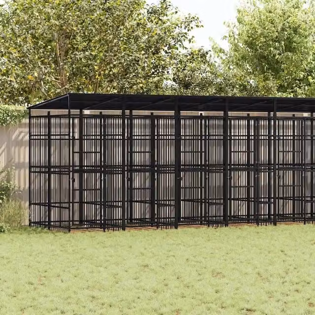 Gabbia per cani da esterno vidaXL con tetto in acciaio nero opaco – 1
