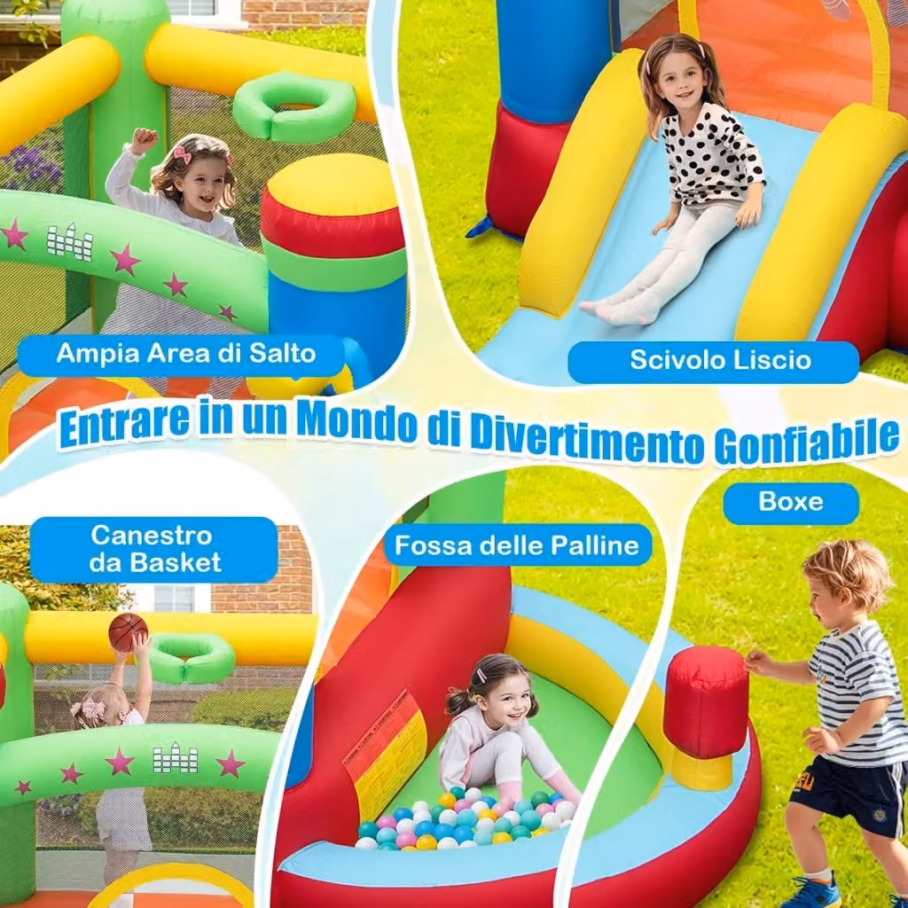 Castello Gonfiabile 5 in 1 Costway Multicolore con Scivolo, Trampolino, Piscina e Canestro in PVC per Bambini da 3 a 12 Anni – 2