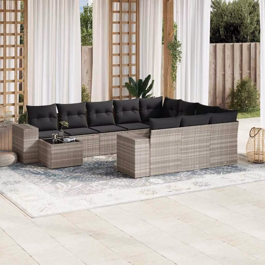 vidaXL Set Divani da Giardino 11 pz a Forma a L con Cuscini e Tavolino, Polyrattan e Metallo, Grigio – 1