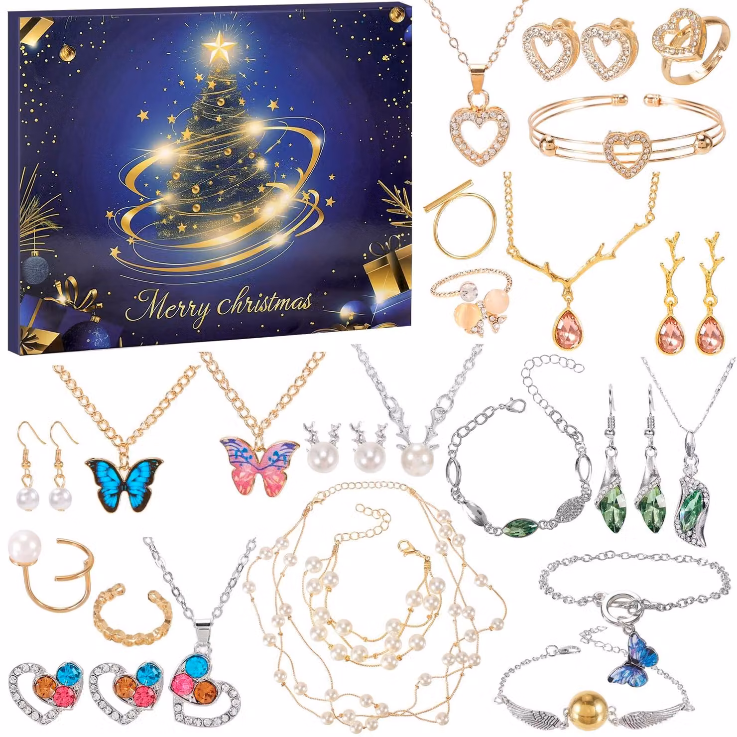 Calendario dell'Avvento 2025 - Gioielli - 24 sorprese - Collana/Anello/Orecchini - Regalo di Natale per donne - Calendario dell'Avvento per Natale - Calendario dei gioielli
