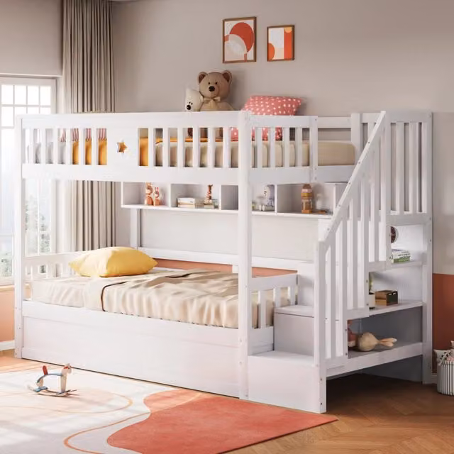 Letto a castello 90x200 cm in legno; letto inferiore idraulico; ripiani e scala contenitore; bianco