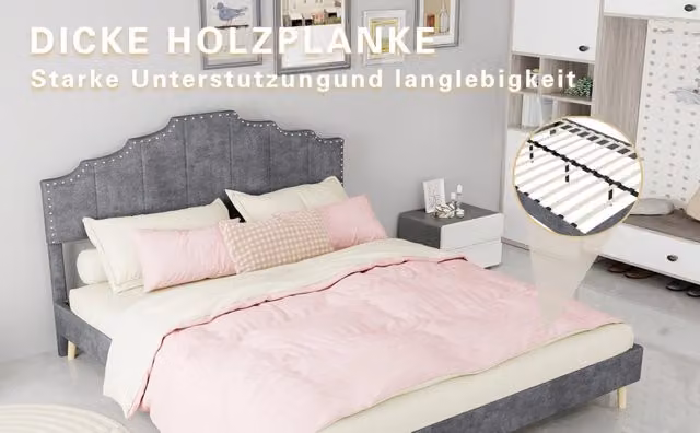 Letto imbottito minimalista 160×200 cm con testiera morbida trapuntata e base bassa, rivestito in tessuto, grigio, senza materasso