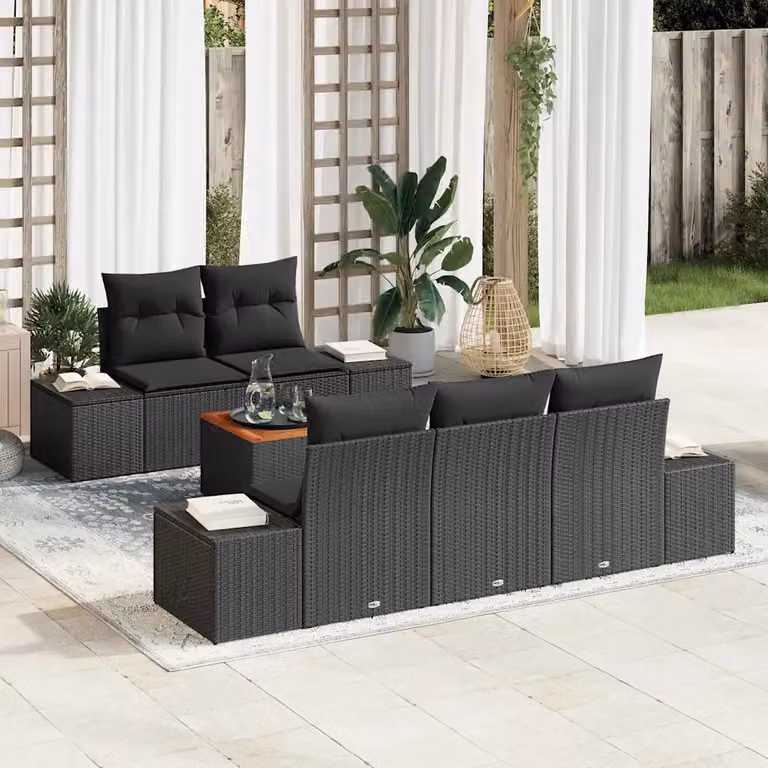 Set Divano da Giardino a L vidaXL in Polyrattan Nero con Cuscini e Tavolino da Esterno